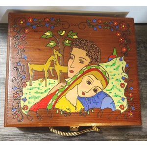 Wooden Handmade Folk Art Carved Painted Lover Carrying Box 12x10x3" Signed OOAK